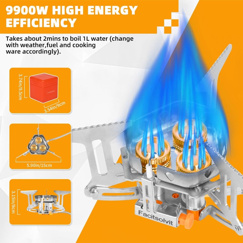 Facitsolvit 9900W Windproof Camping Gas Stove, Portable Camping Stove with Piezo Ignition, 1LB Propane Tank Adapter, Butane Adapter for Outdoor Cooking, Picnic, Camping and Hiking - Image 2
